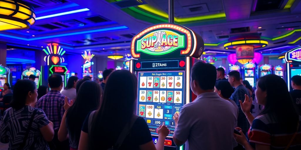 Lively casino with players at Super Ace slot machine.