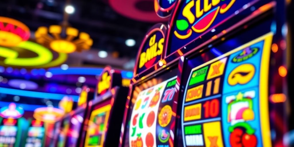 Close-up of a colorful casino slot machine.