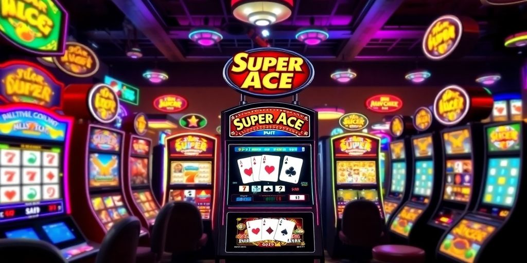 Makulay na eksena ng casino na may Super Ace slot machine.