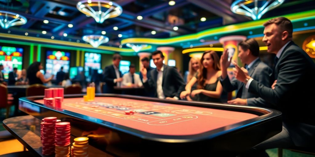 Casino gaming table with colorful chips and players.