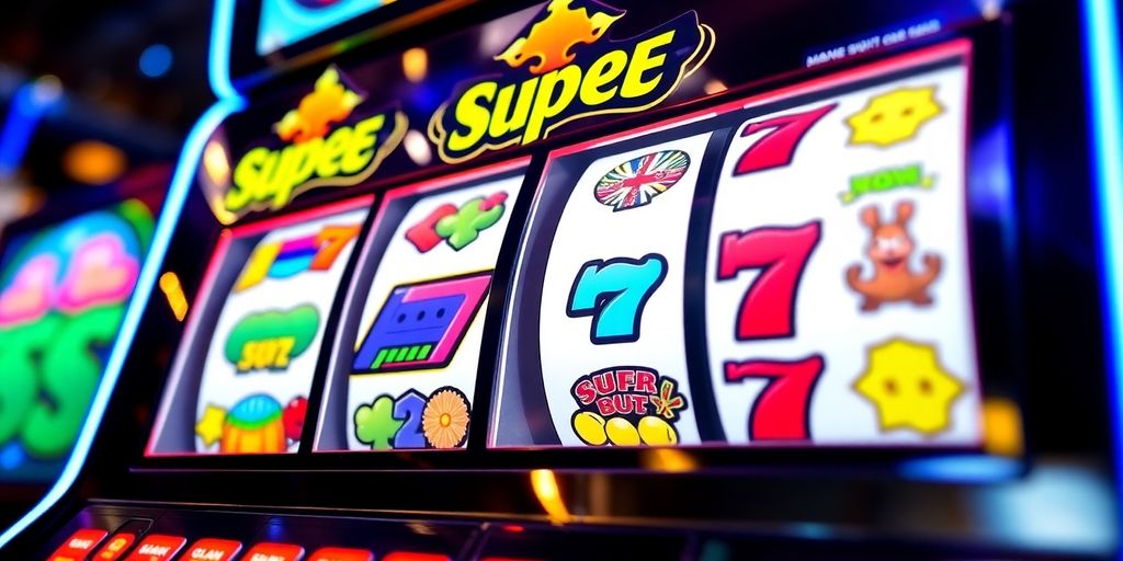 Makulay na Super Ace slot machine na may makukulay na reels at ilaw.